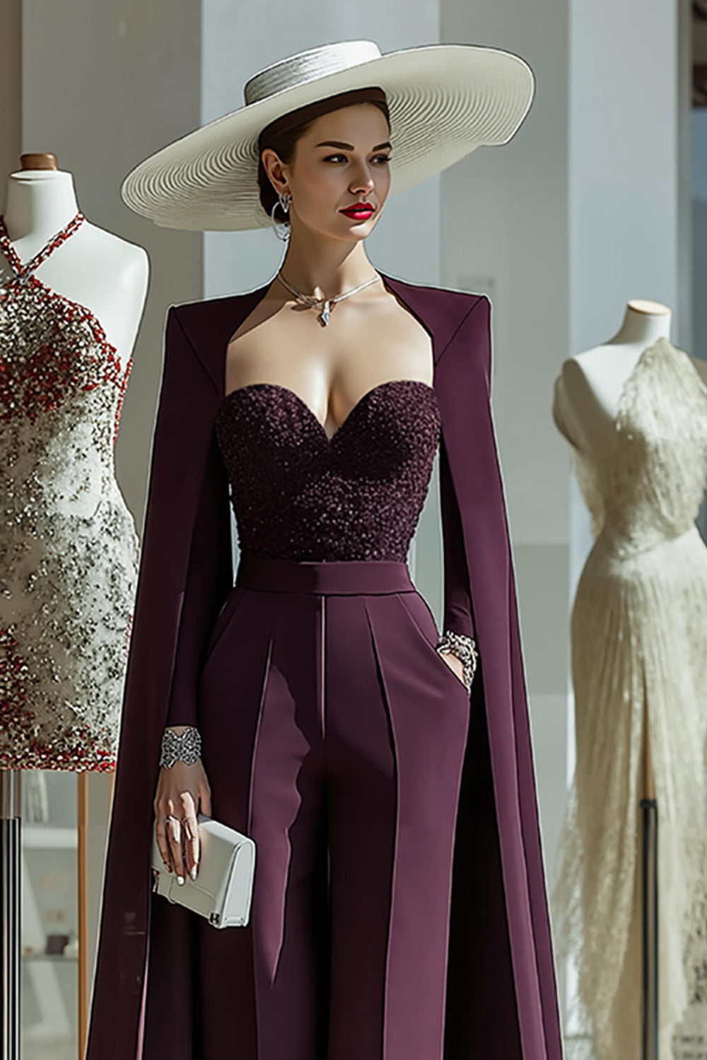 Cabernet Long Sleeves Mother Of The Bride Jumpsuits with Pockets