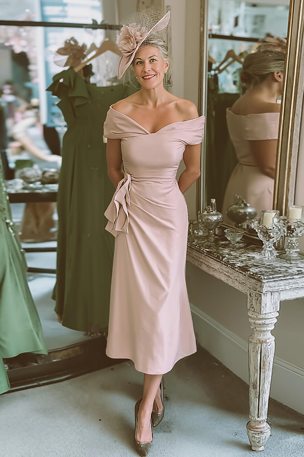 Blush Pink Off The Shoulder Sheath Satin Mother Of The Bride Dress