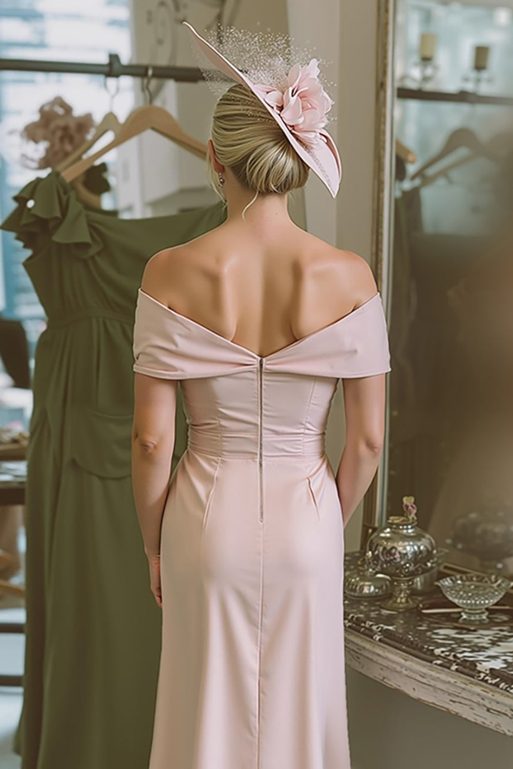 Blush Pink Off The Shoulder Sheath Satin Mother Of The Bride Dress
