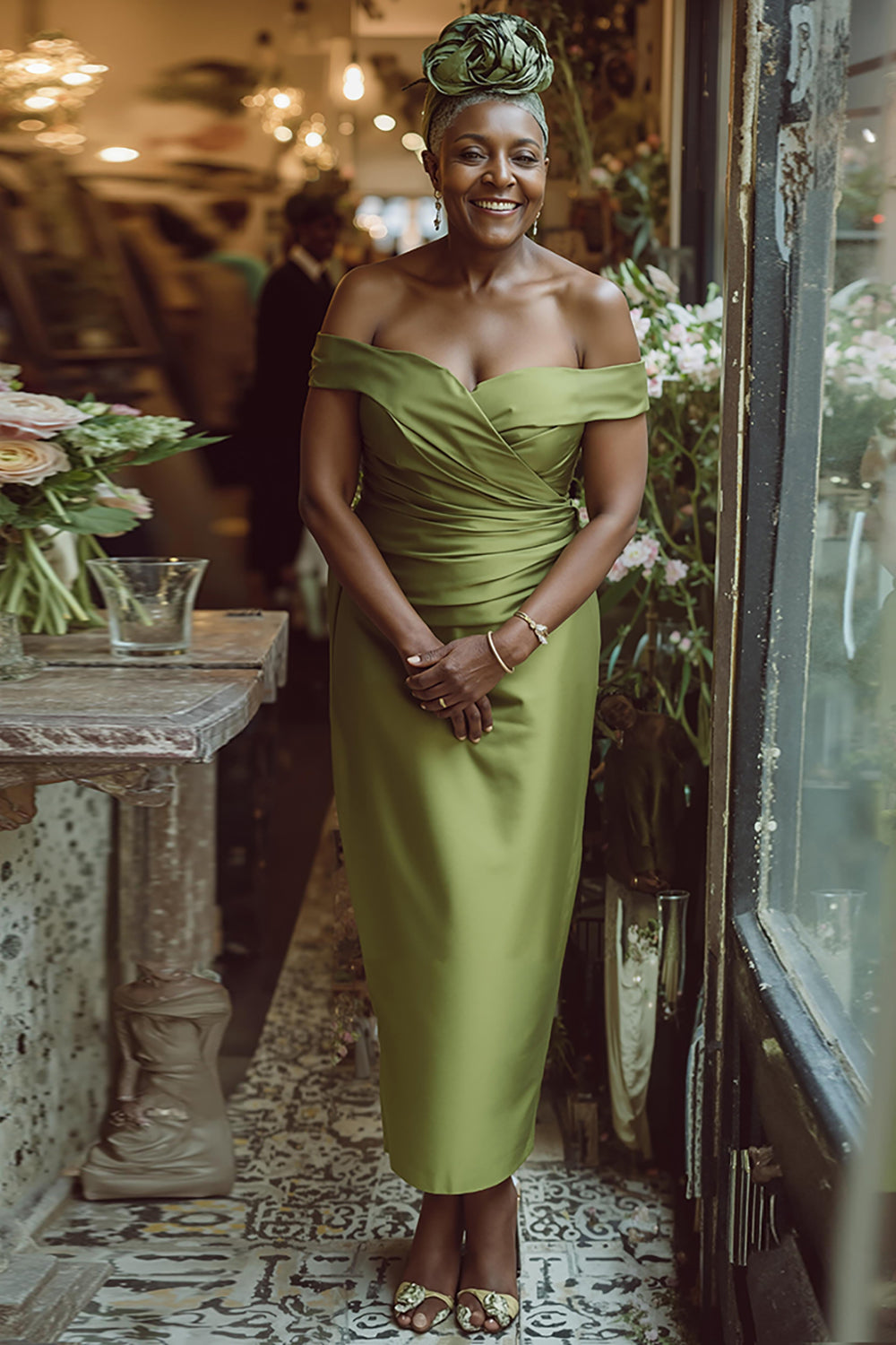 Dusty Sage Sheath Off-The-Shoulder Long Mother of the Bride Dress