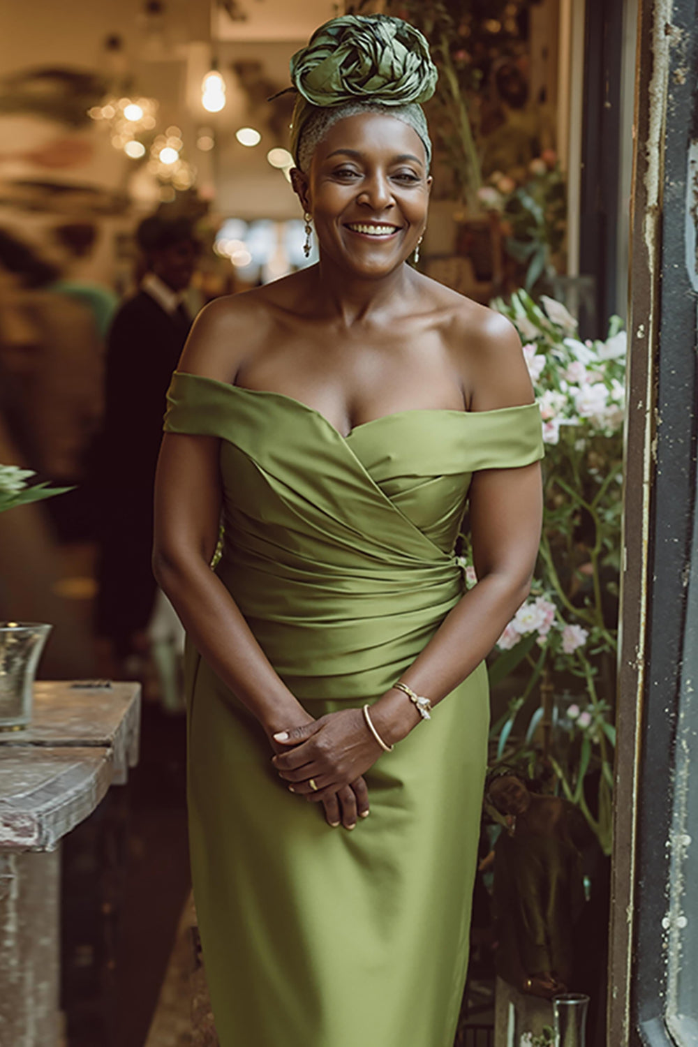 Dusty Sage Sheath Off-The-Shoulder Long Mother of the Bride Dress