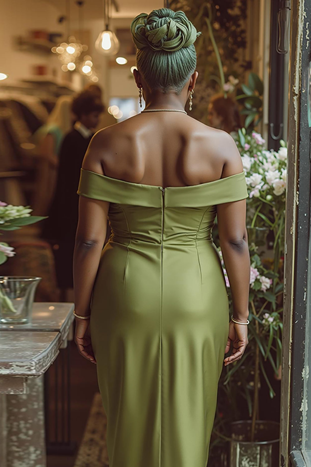 Dusty Sage Sheath Off-The-Shoulder Long Mother of the Bride Dress