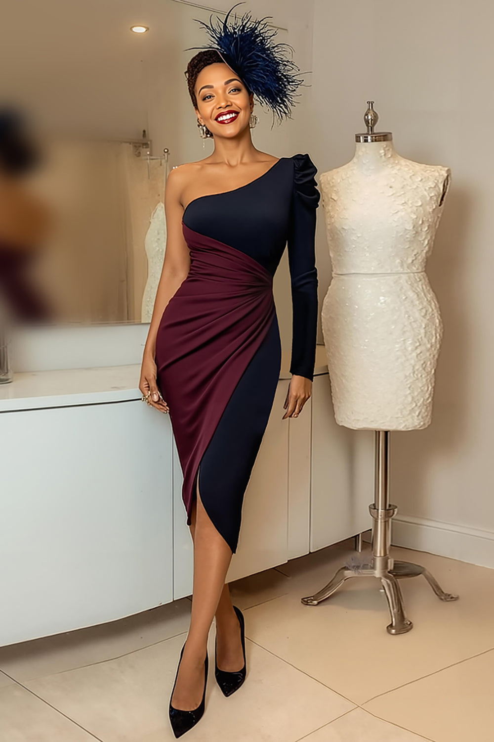 Burgundy and Navy One Shoulder Ruched Midi Mother Of The Bride Dress