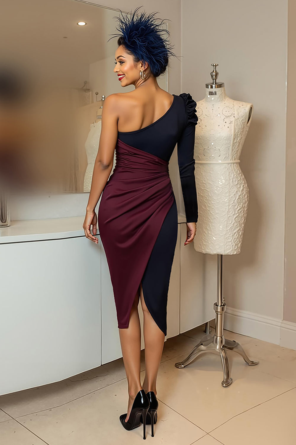 Burgundy and Navy One Shoulder Ruched Midi Mother Of The Bride Dress