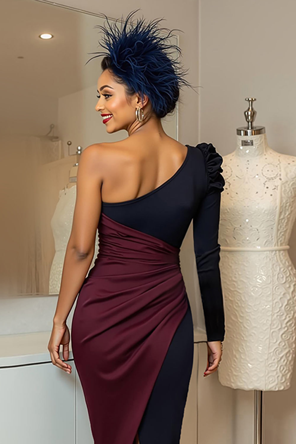 Burgundy and Navy One Shoulder Ruched Midi Mother Of The Bride Dress