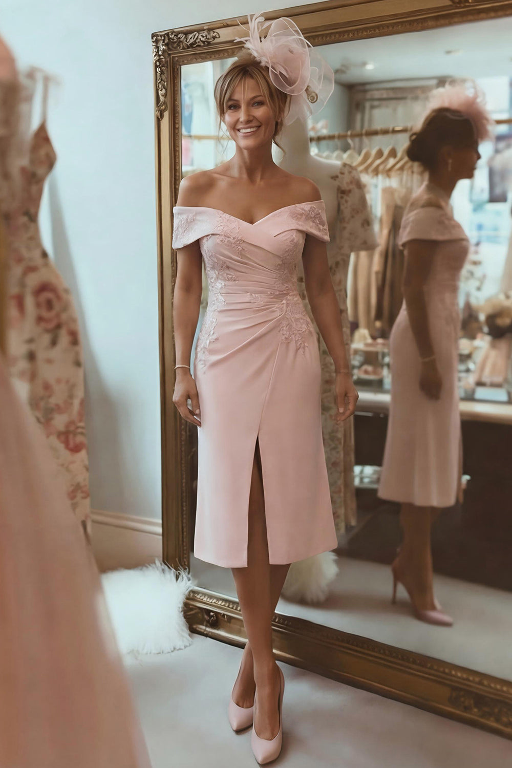 Blush Pink Sheath Off The Shoulder Mother Of The Bride Dress with Slit