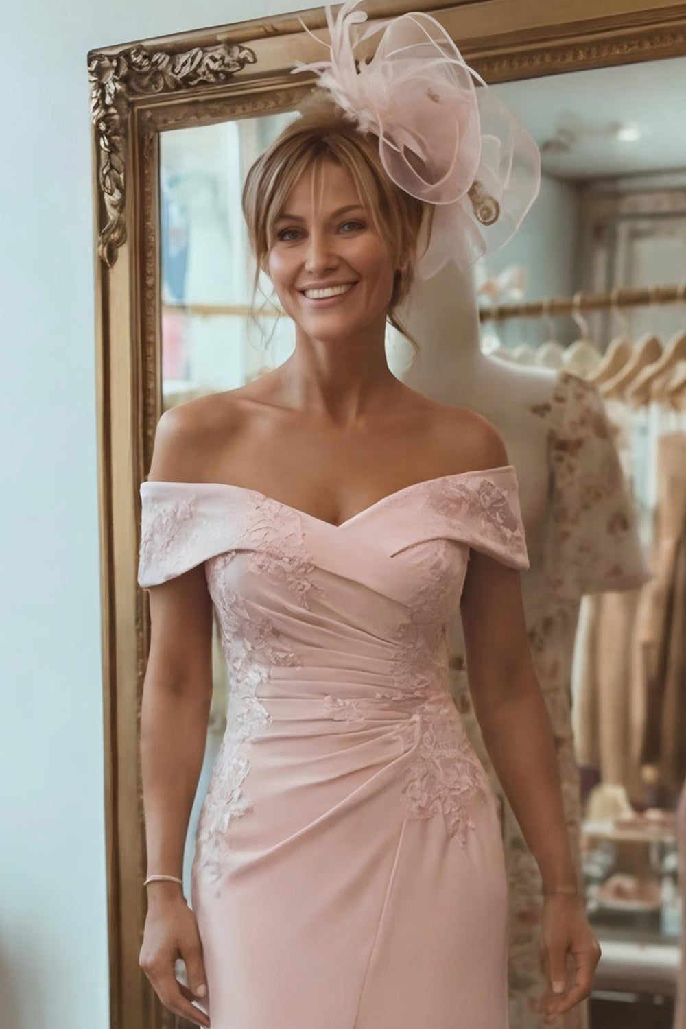 Blush Pink Sheath Off The Shoulder Mother Of The Bride Dress with Slit