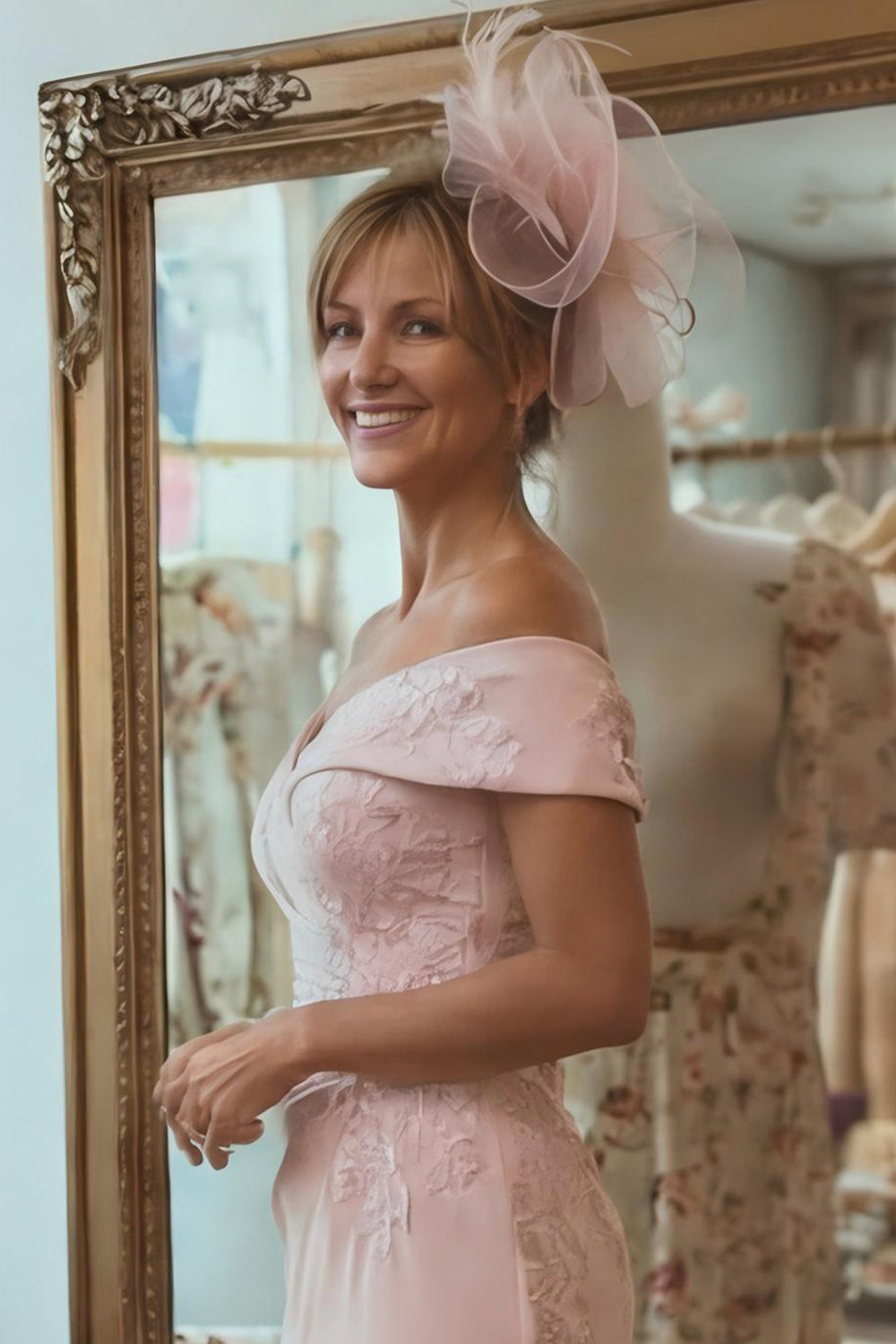 Blush Pink Sheath Off The Shoulder Mother Of The Bride Dress with Slit