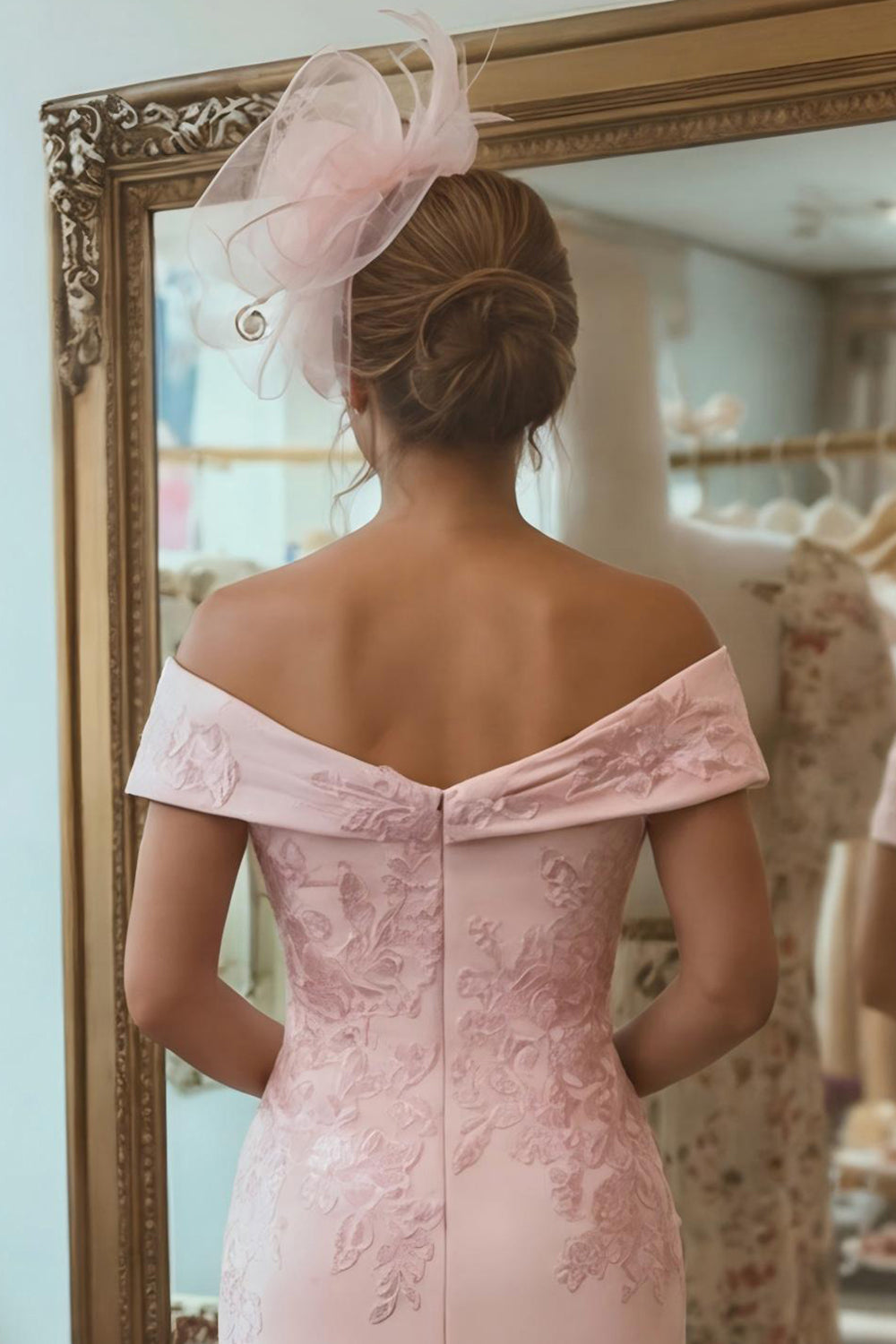Blush Pink Sheath Off The Shoulder Mother Of The Bride Dress with Slit