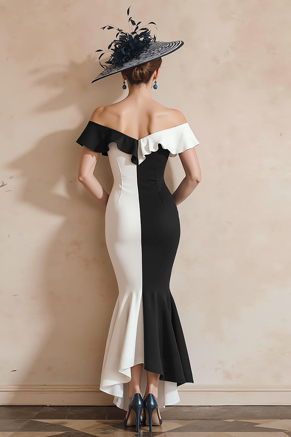 Black and White Mermaid Off The Shoulder Ruffled Long Mother Of The Bride Dress