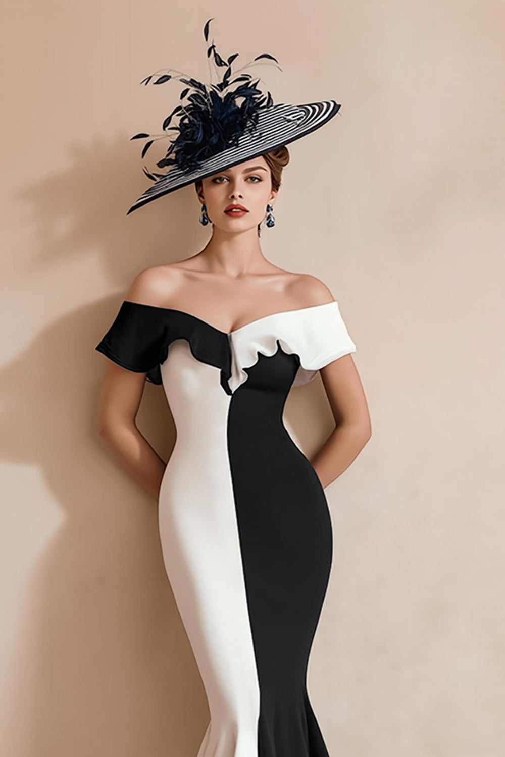 Black and White Mermaid Off The Shoulder Ruffled Long Mother Of The Bride Dress