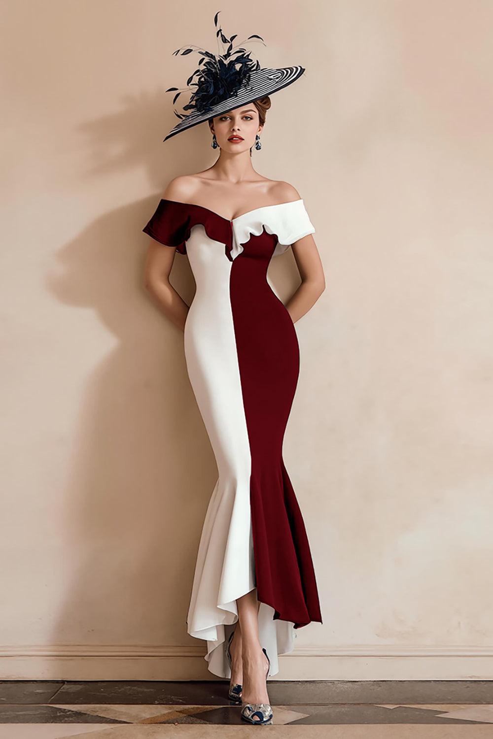 Black and White Mermaid Off The Shoulder Ruffled Long Mother Of The Bride Dress