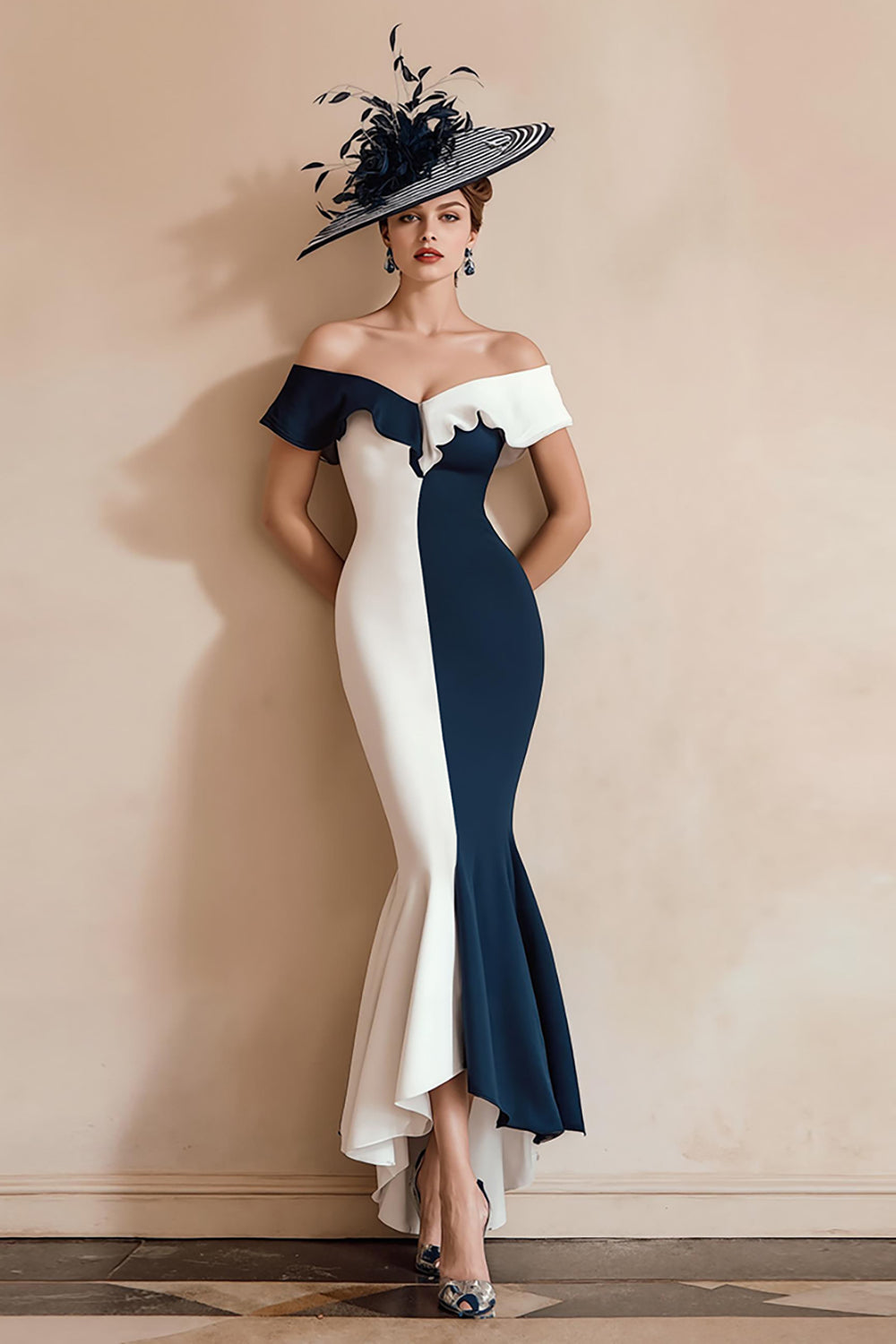Black and White Mermaid Off The Shoulder Ruffled Long Mother Of The Bride Dress