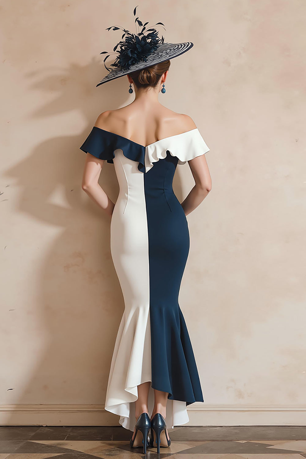 Black and White Mermaid Off The Shoulder Ruffled Long Mother Of The Bride Dress