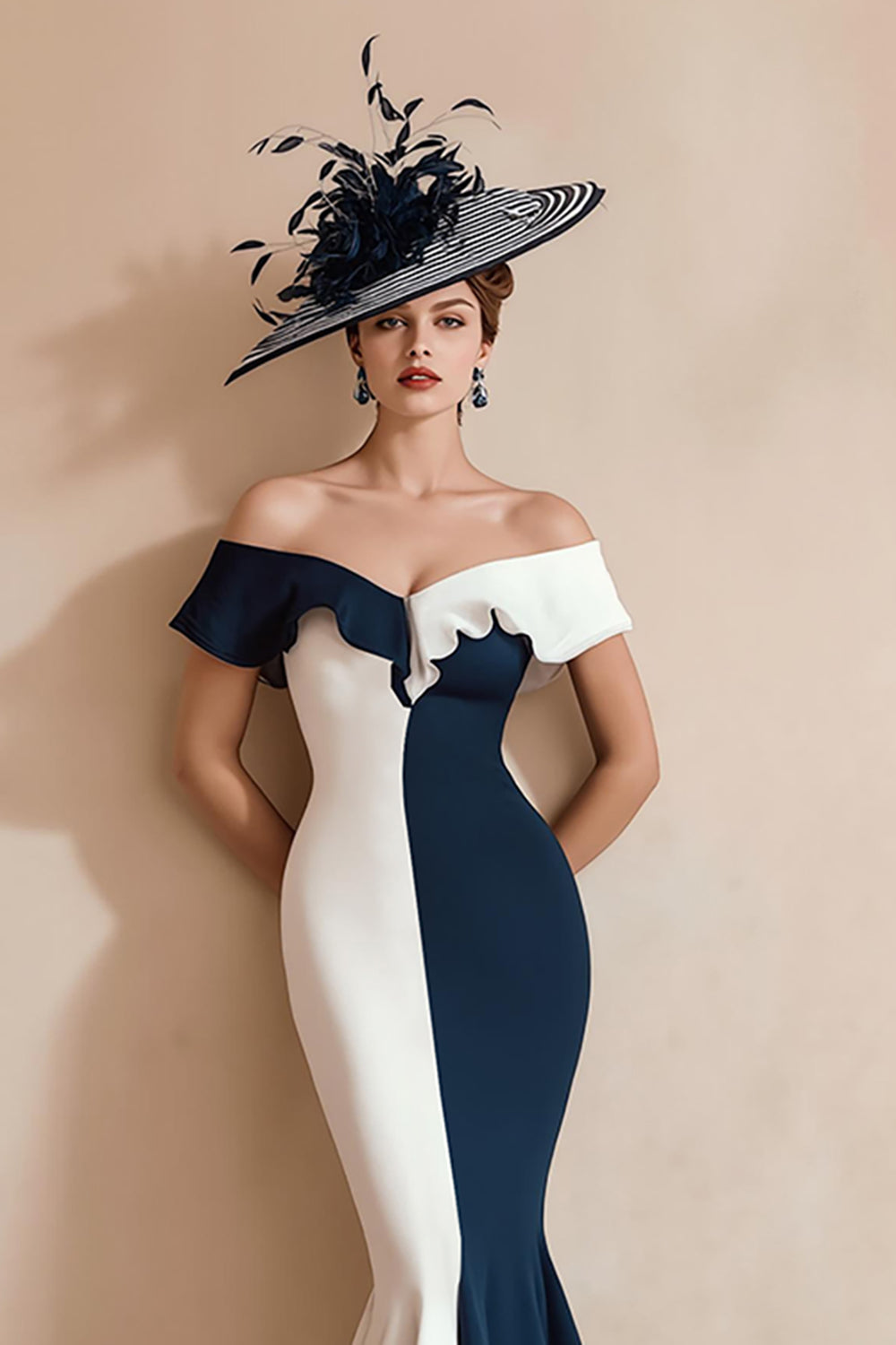 Black and White Mermaid Off The Shoulder Ruffled Long Mother Of The Bride Dress