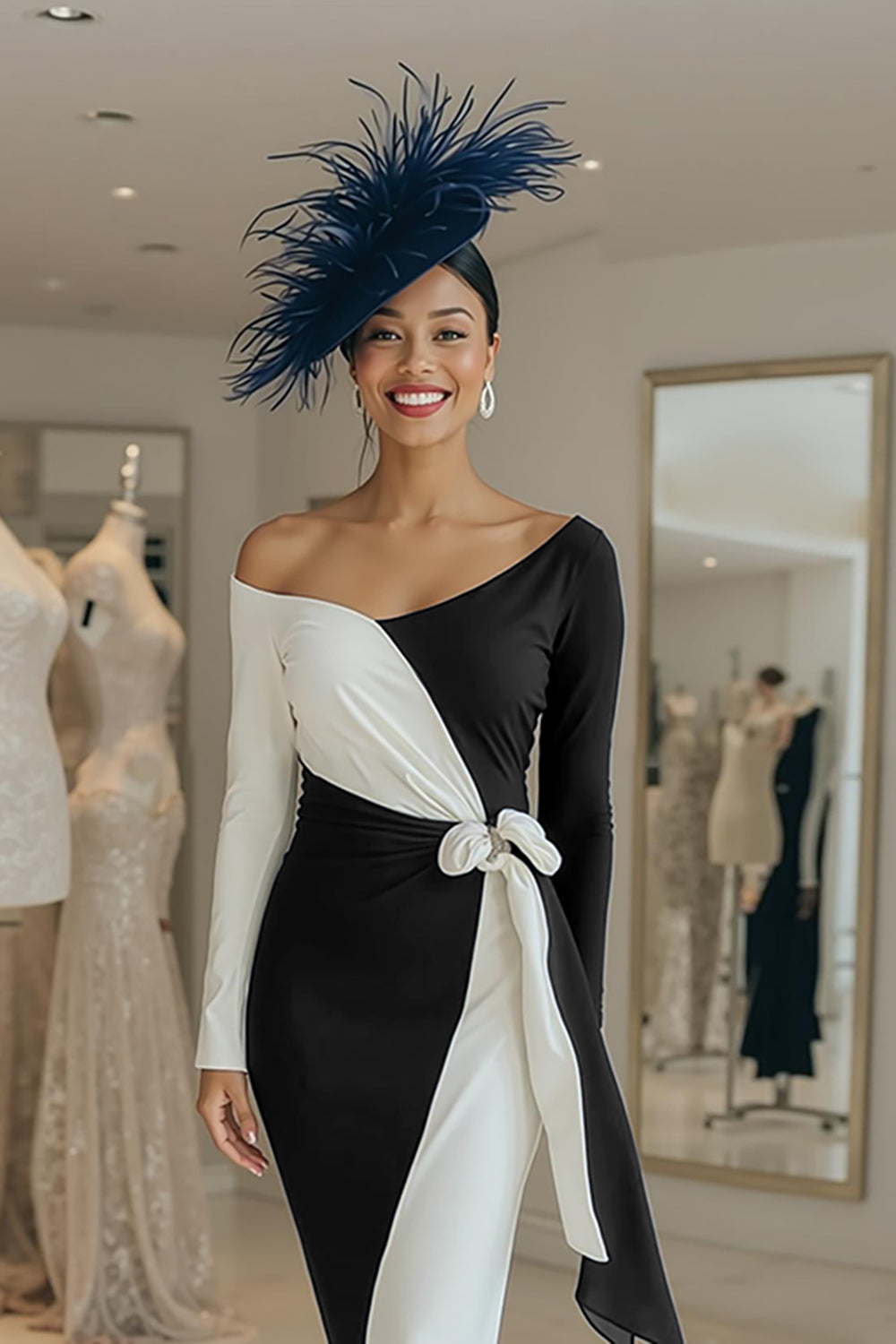 Robe fourreau longue midi à manches longues noires et blanches avec ceinture pour mère de la mariée