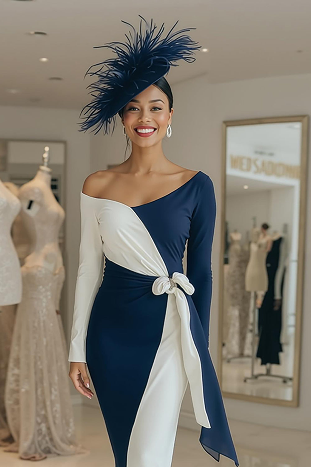Robe fourreau longue midi à manches longues noires et blanches avec ceinture pour mère de la mariée
