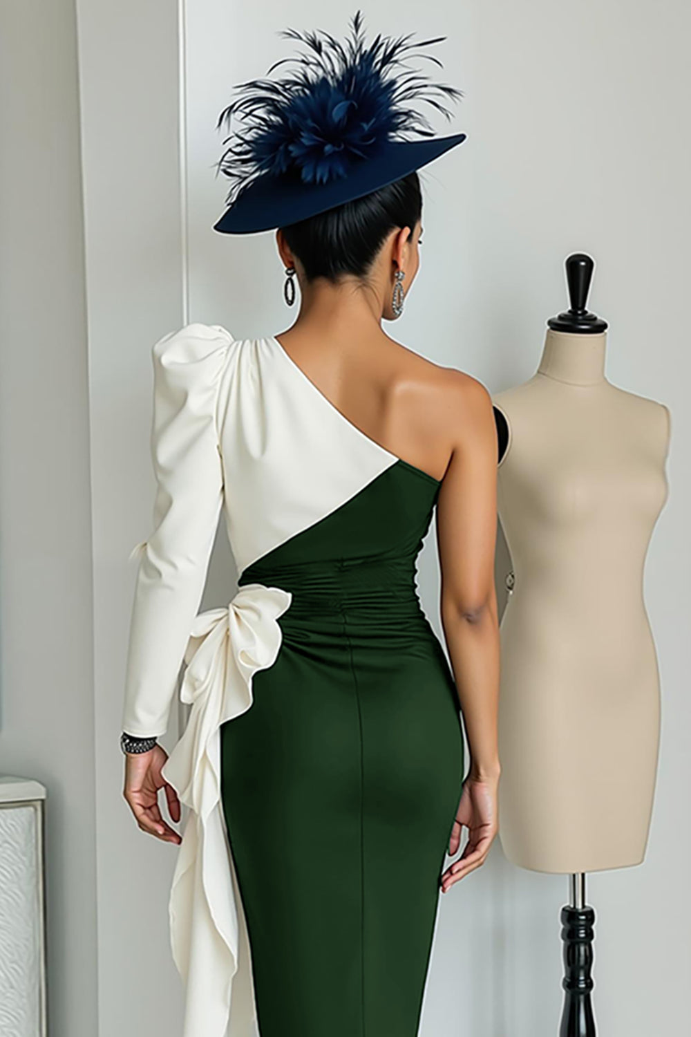 Black and White One Shoulder Bodycon Midi Mother Of The Bride Dress with Sash
