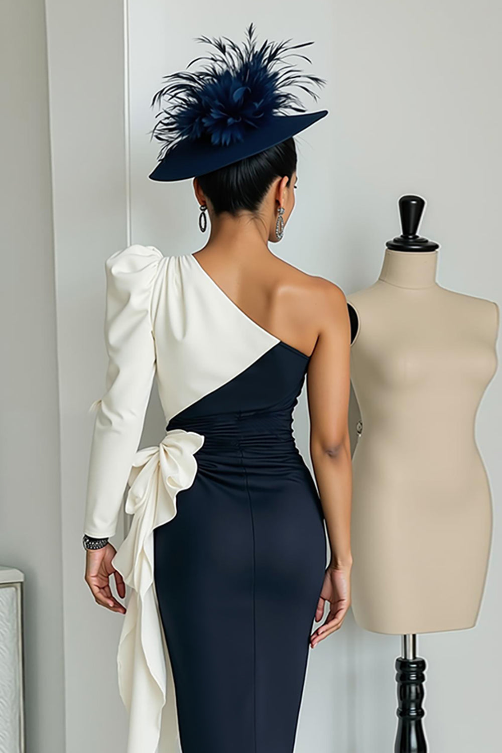 Black and White One Shoulder Bodycon Midi Mother Of The Bride Dress with Sash