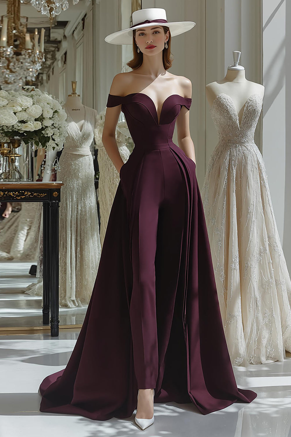 Cabernet A-Line Off-the-Shoulder Long Satin Mother of the Bride Dress