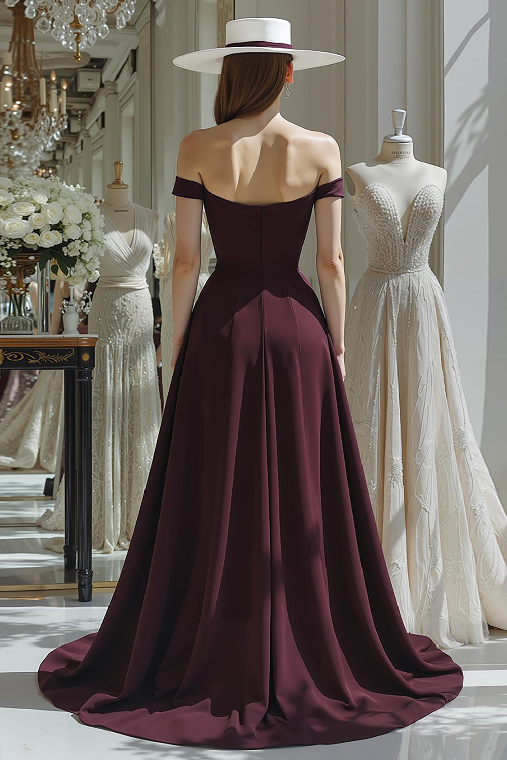 Cabernet A-Line Off-the-Shoulder Long Satin Mother of the Bride Dress