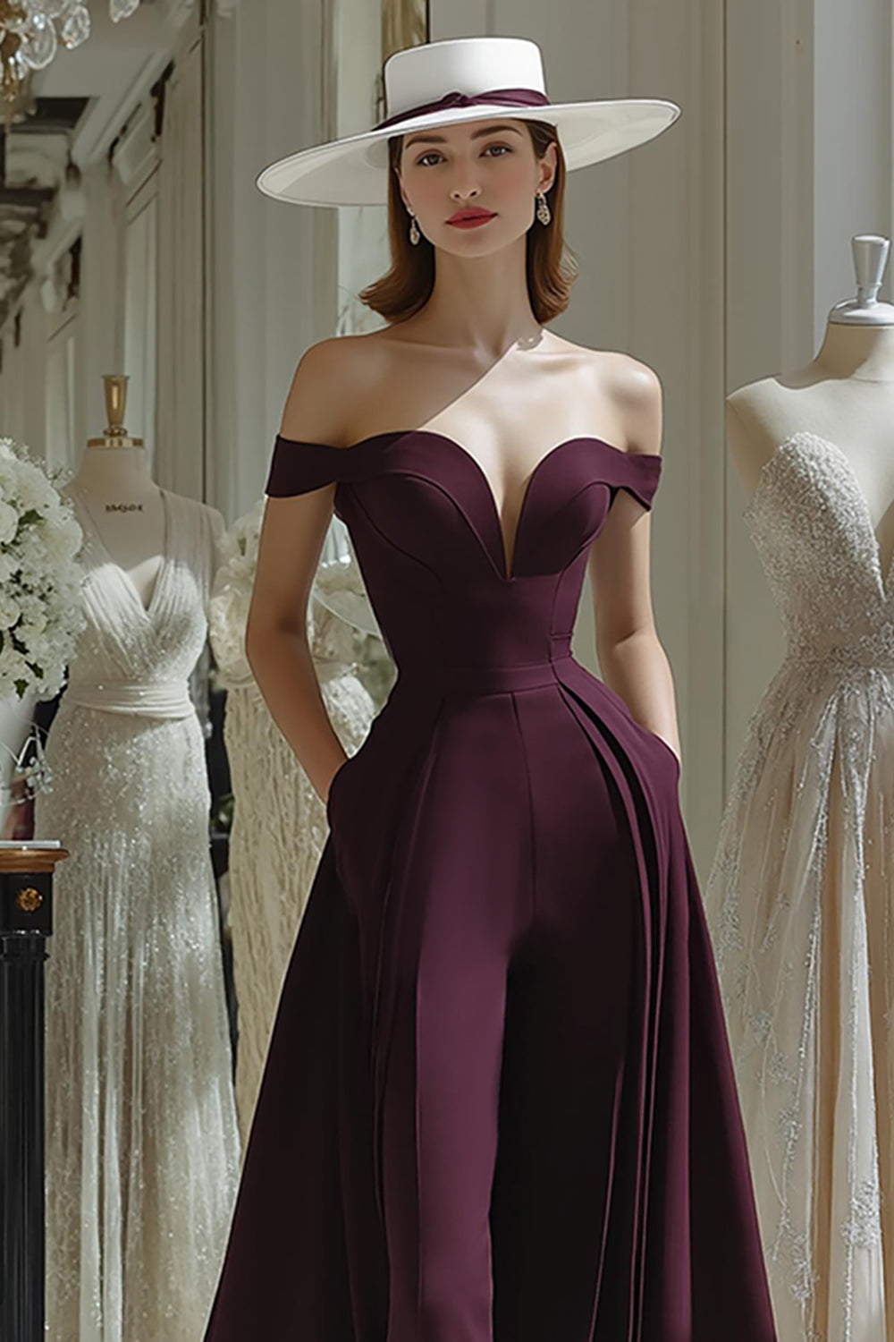 Cabernet A-Line Off-the-Shoulder Long Satin Mother of the Bride Dress