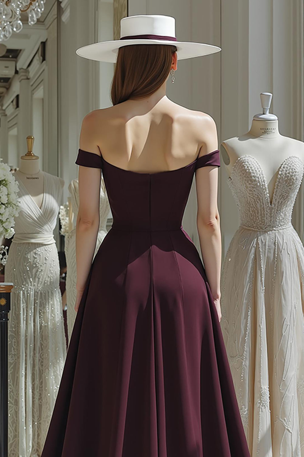 Cabernet A-Line Off-the-Shoulder Long Satin Mother of the Bride Dress