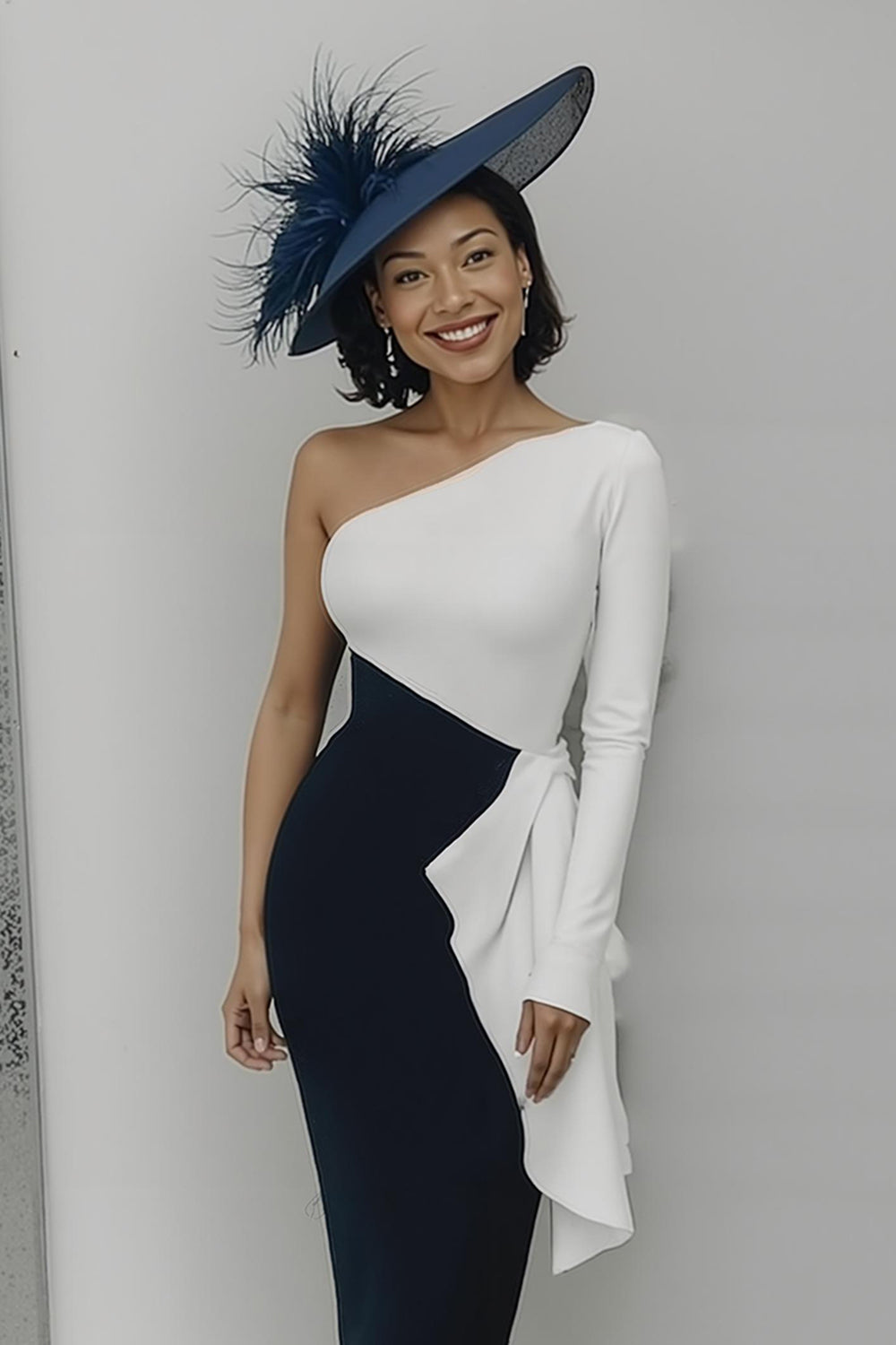 Black and White One-Shoulder Bodycon Long Mother of the Bride Dress with Sash