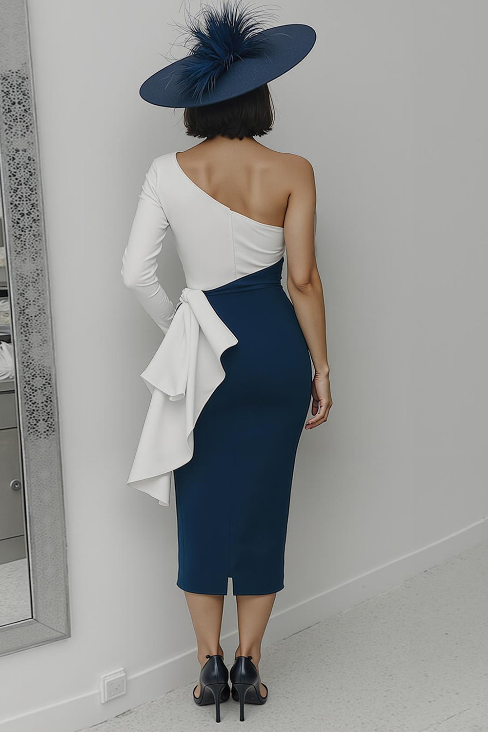 Black and White One-Shoulder Bodycon Long Mother of the Bride Dress with Sash