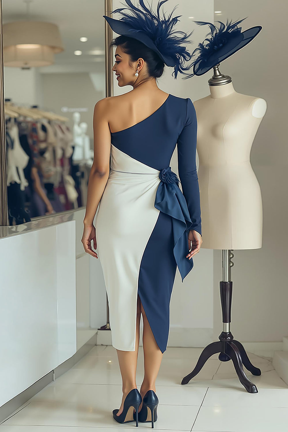 White Navy One-Shoulder Bodycon Midi Mother of the Bride Dress with Sash