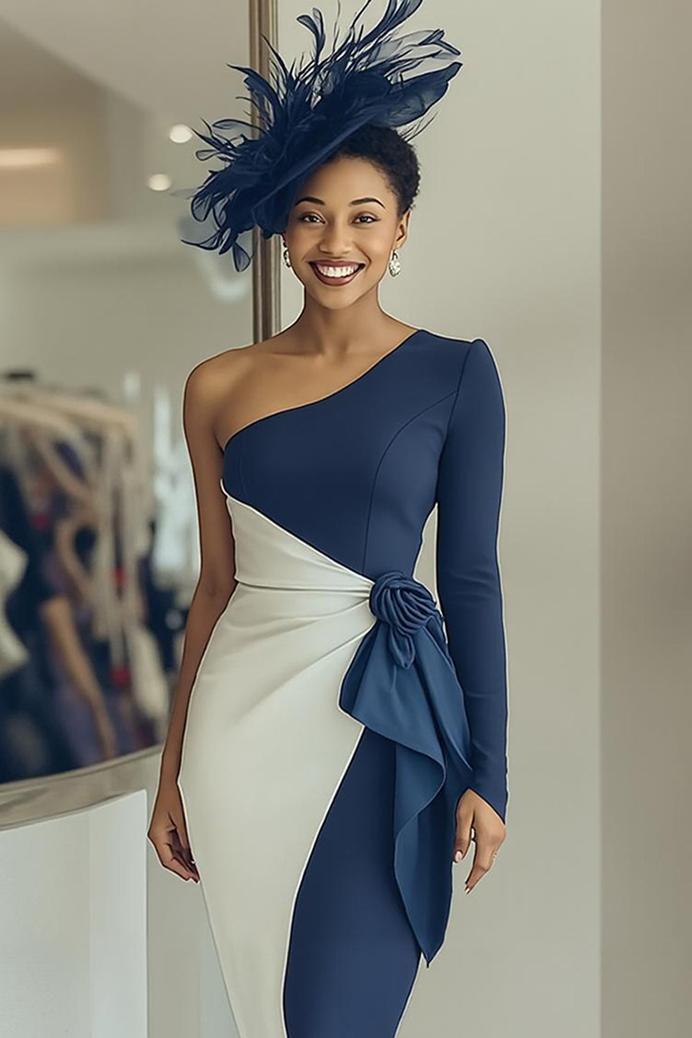 White Navy One-Shoulder Bodycon Midi Mother of the Bride Dress with Sash