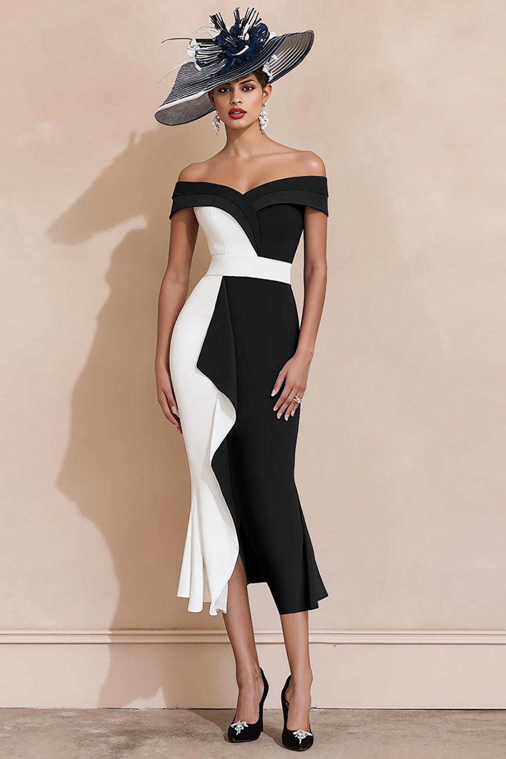 Robe de sirène noire et blanche, épaules dénudées, pour mère de la mariée