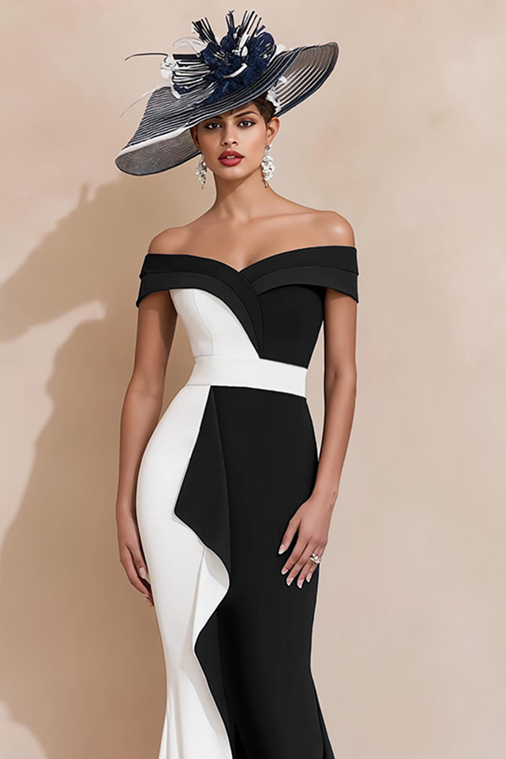 Robe de sirène noire et blanche, épaules dénudées, pour mère de la mariée