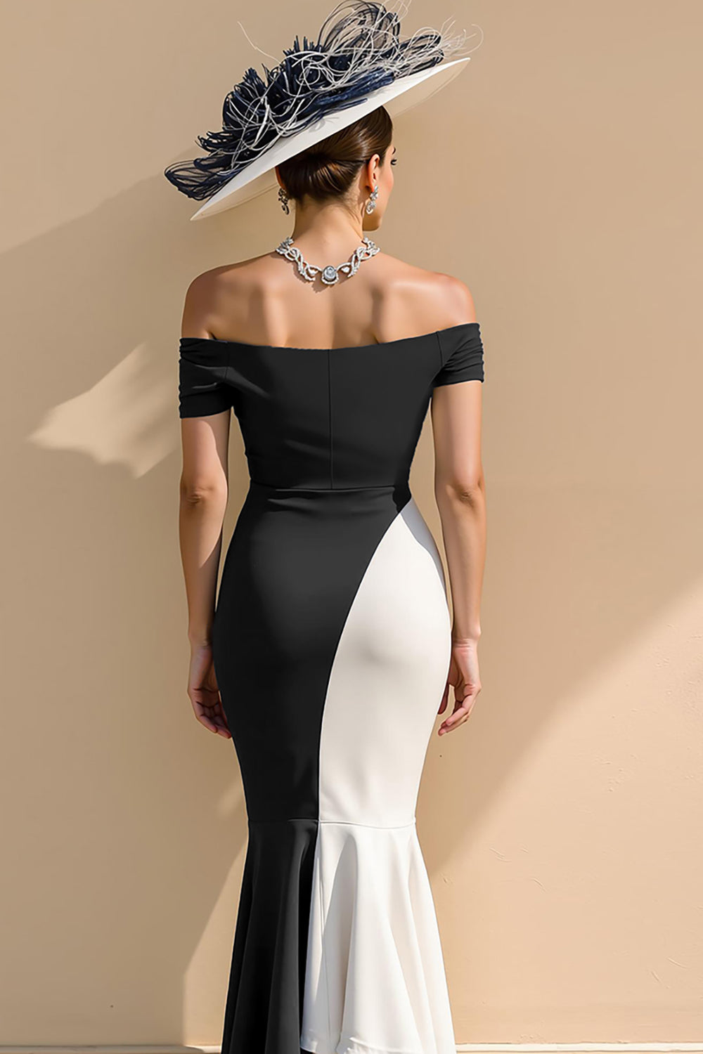 Black and White Satin Mermaid Off-the-Shoulder Long Mother of the Bride Dress