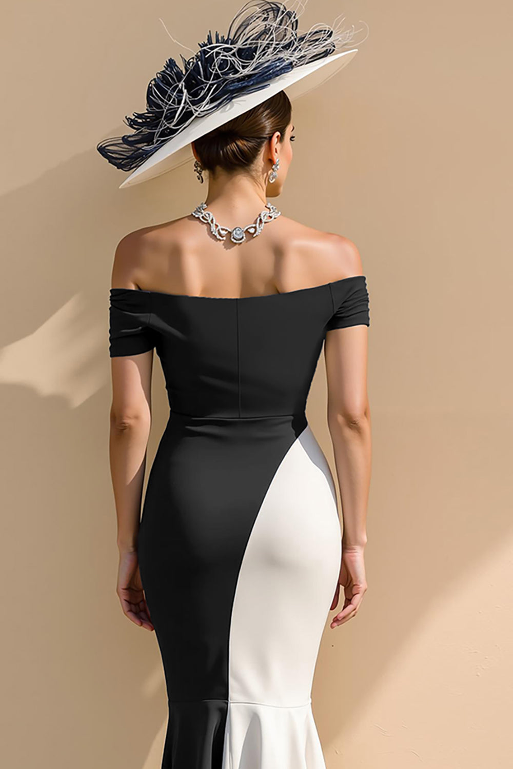 Black and White Satin Mermaid Off-the-Shoulder Long Mother of the Bride Dress