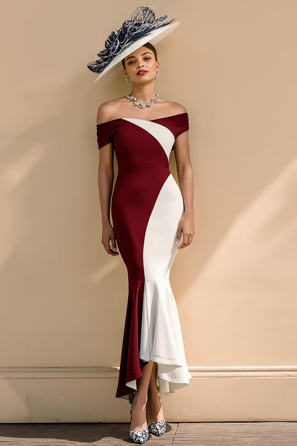Black and White Satin Mermaid Off-the-Shoulder Long Mother of the Bride Dress