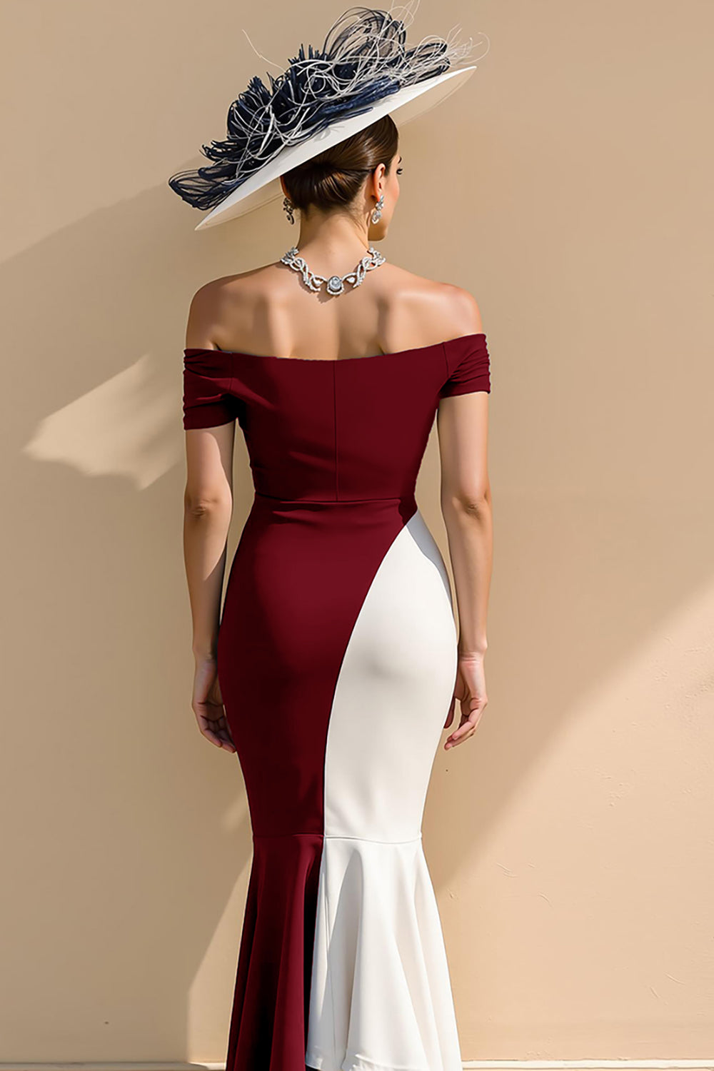 Black and White Satin Mermaid Off-the-Shoulder Long Mother of the Bride Dress