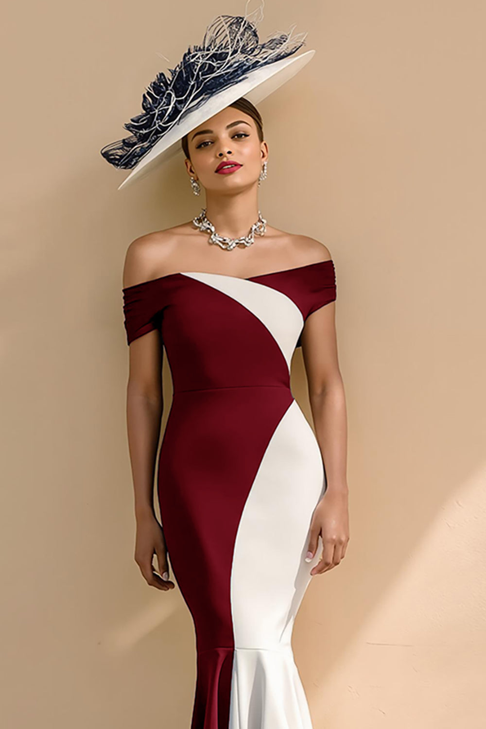 Black and White Satin Mermaid Off-the-Shoulder Long Mother of the Bride Dress