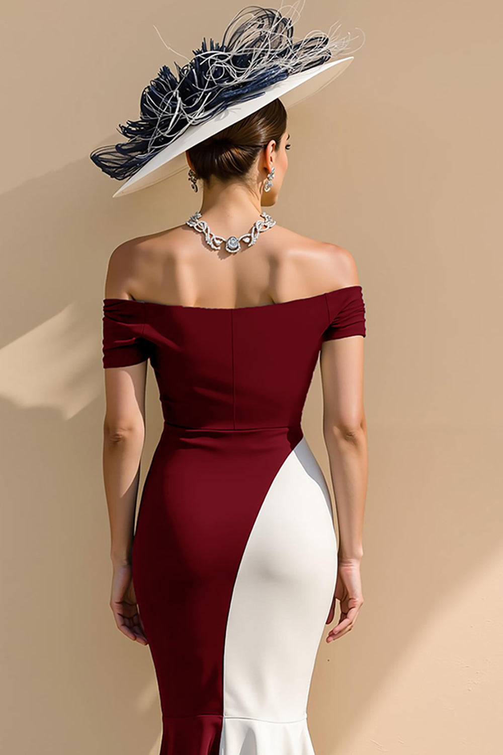 Black and White Satin Mermaid Off-the-Shoulder Long Mother of the Bride Dress