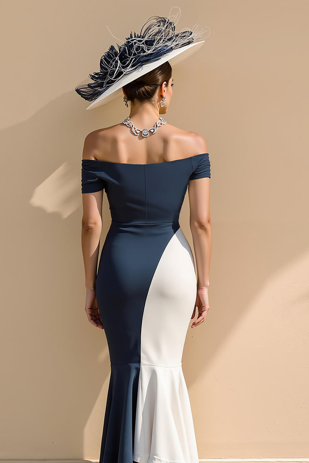 Black and White Satin Mermaid Off-the-Shoulder Long Mother of the Bride Dress