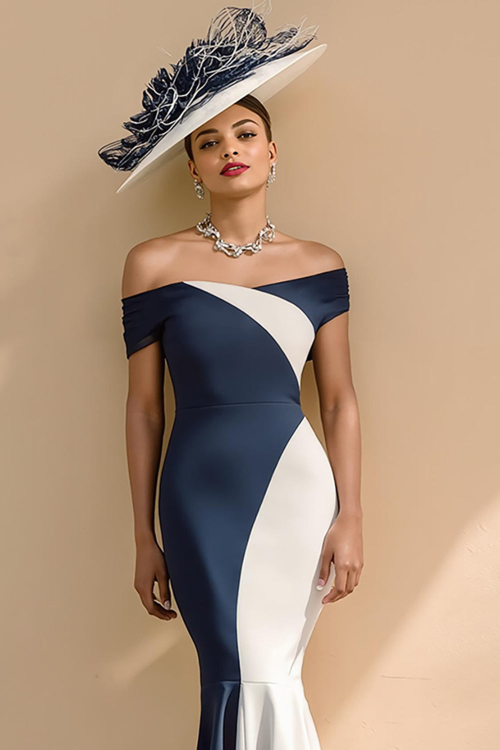 Black and White Satin Mermaid Off-the-Shoulder Long Mother of the Bride Dress