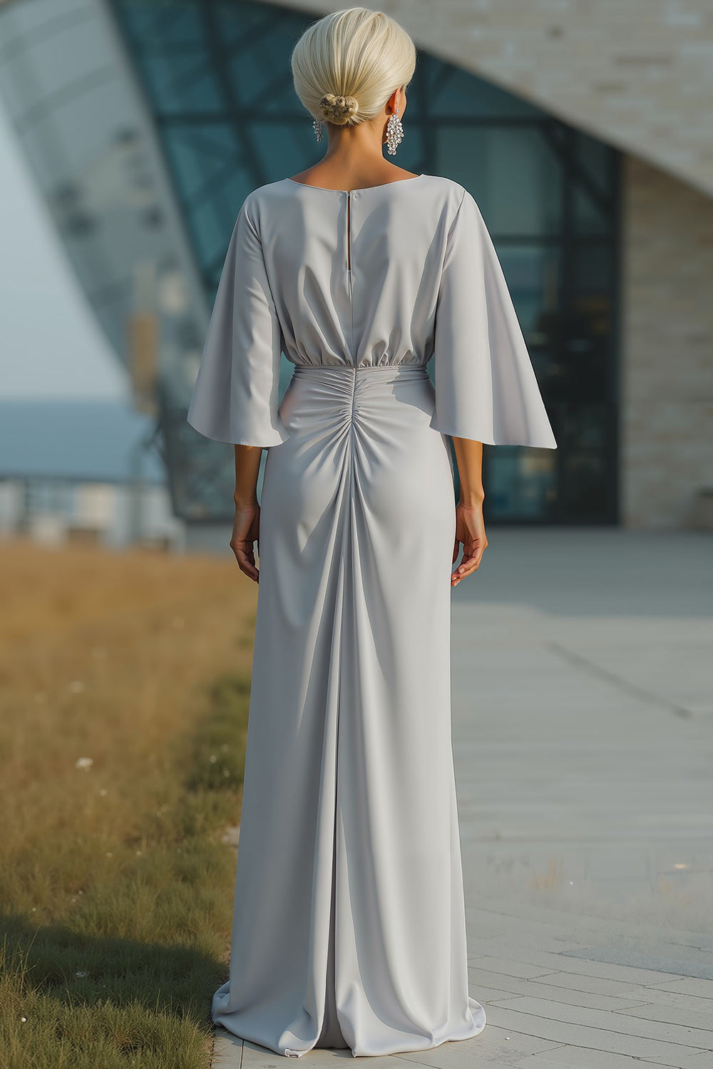 Silver Boat Neck Sheath Long Mother Of The Bride Dress