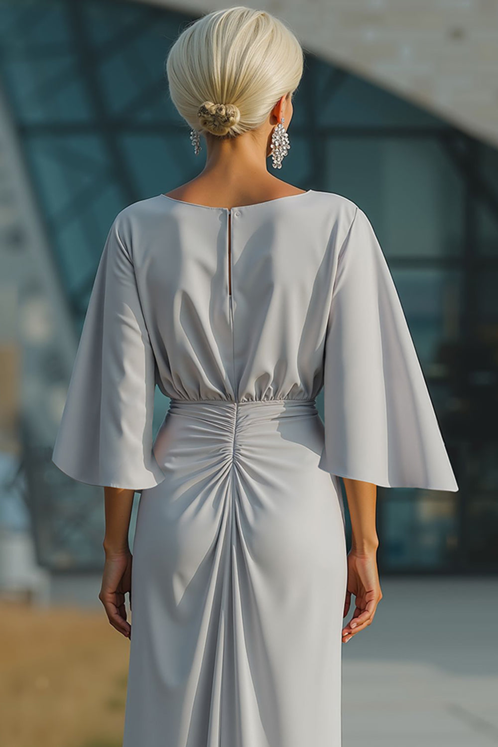 Silver Boat Neck Sheath Long Mother Of The Bride Dress