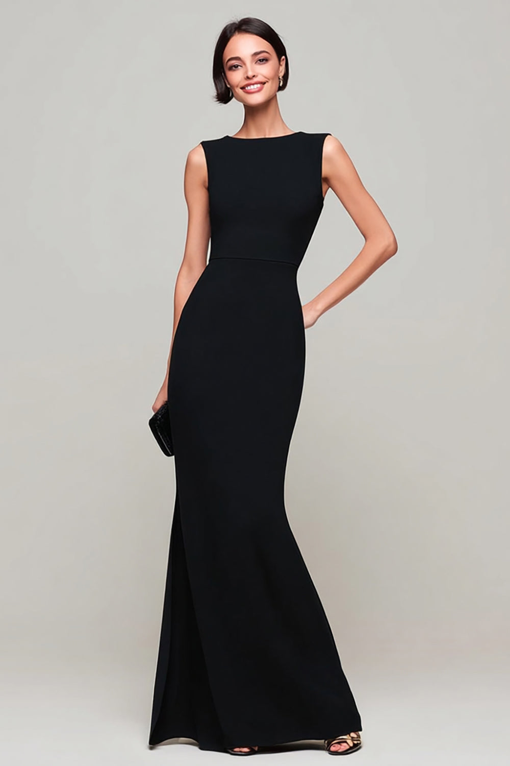 Black Sheath Keyhole Bateau Neck Long Formal Dress