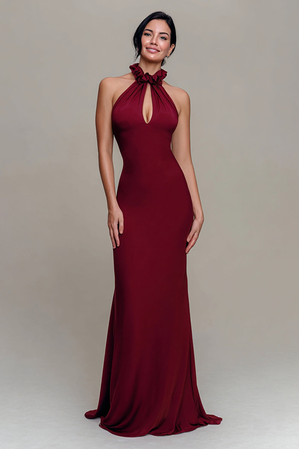 Burgundy Halter Mermaid Keyhole Long Formal Dress