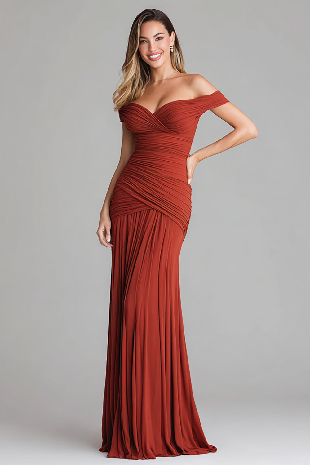 Off the Shoulder Terracotta Sheath Ruched Long Formal Dress