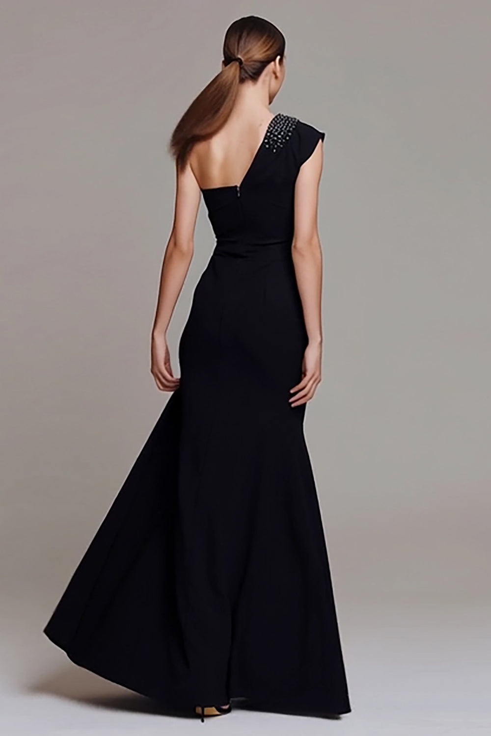 One Shoulder Black Mermaid Long Formal Dress with Beading