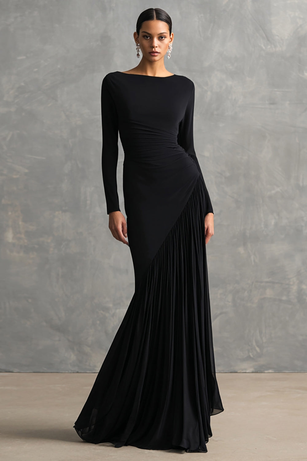 Robe de soirée sirène en mousseline crêpe noire à volants