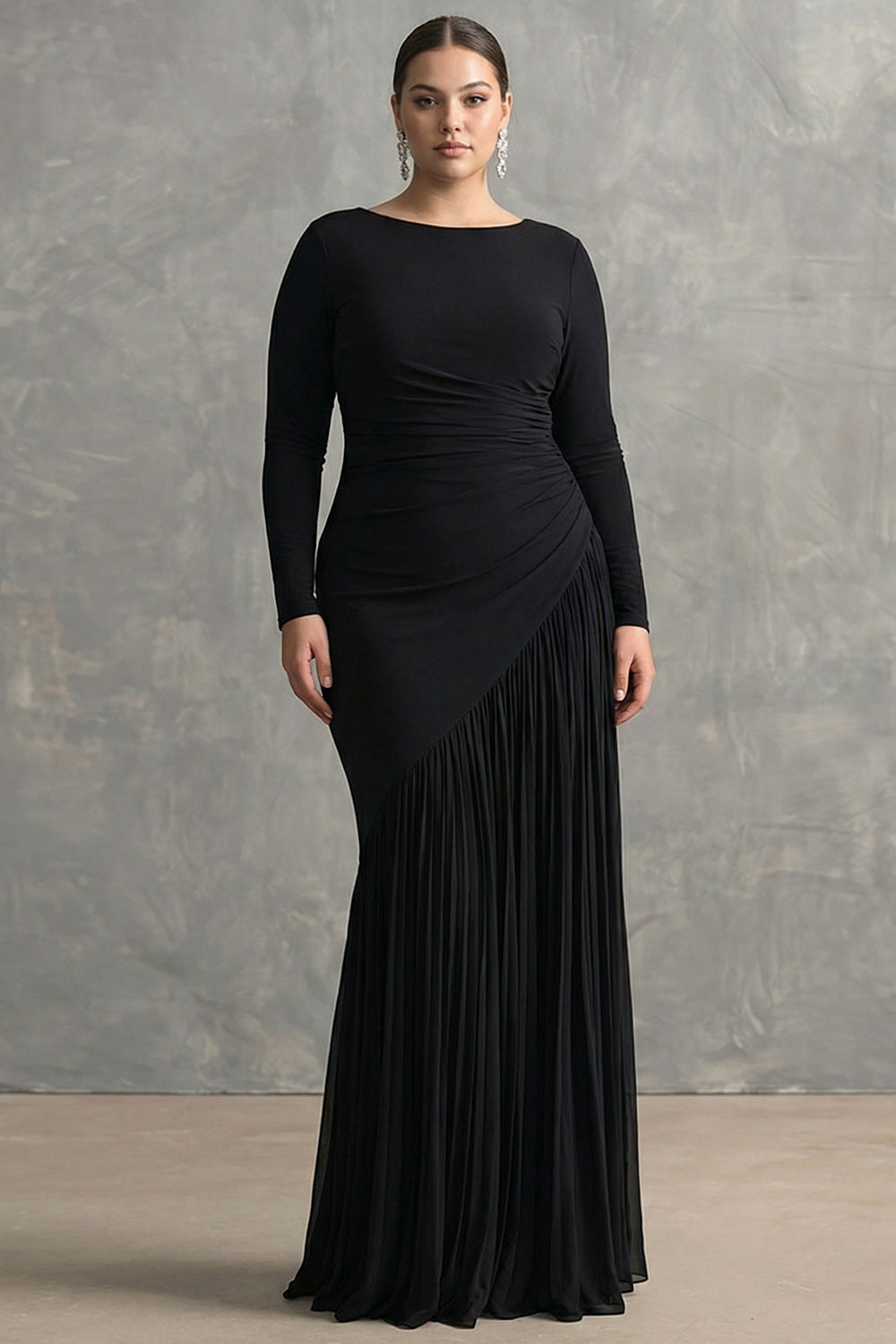 Robe de soirée sirène en mousseline crêpe noire à volants