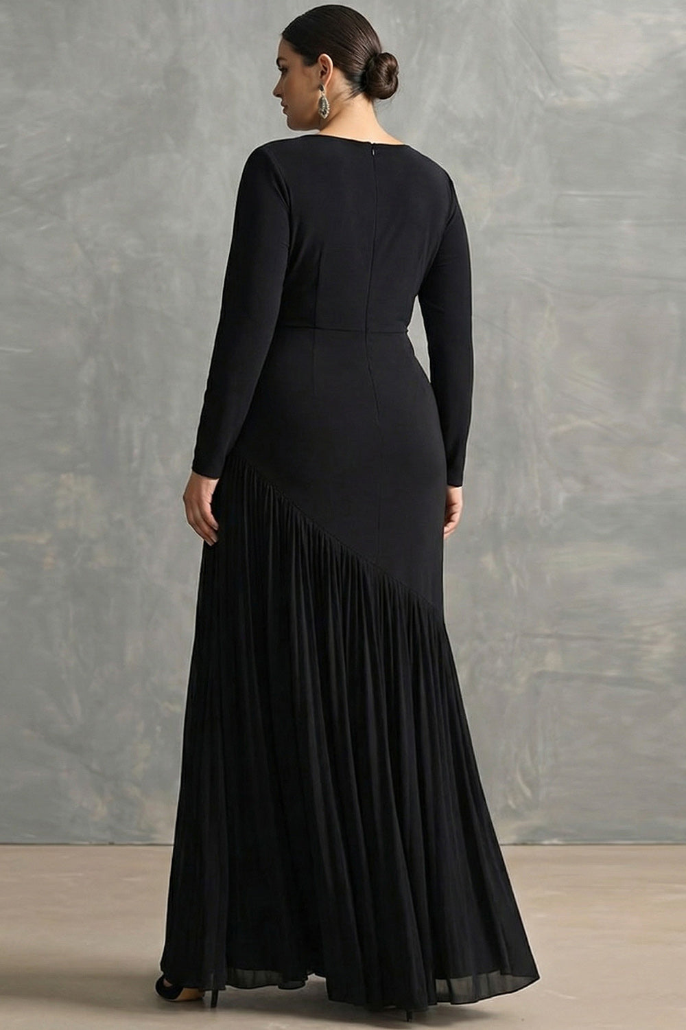 Black Crepe Chiffon Mermaid Pleated Plus Size Formal Dress with Ruffles
